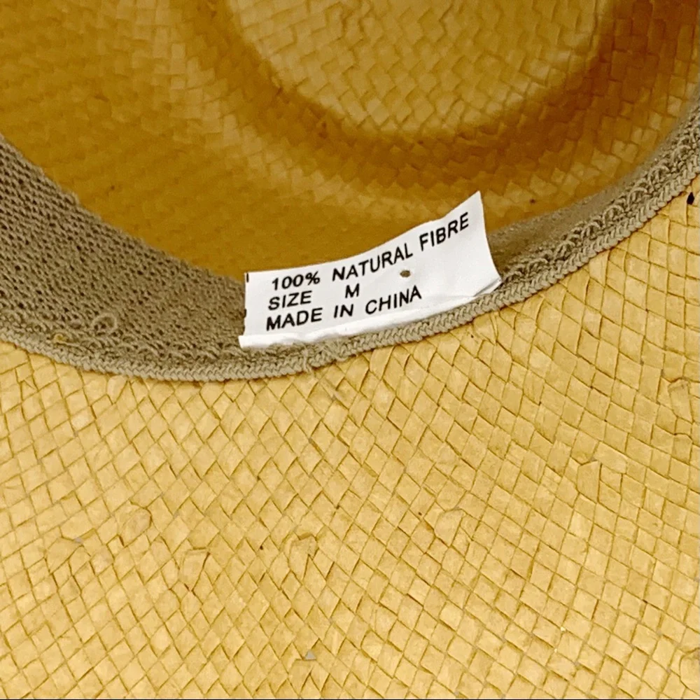 Golden Natural Fiber Cowboy Hat with Beaded Embellished String Tie Band